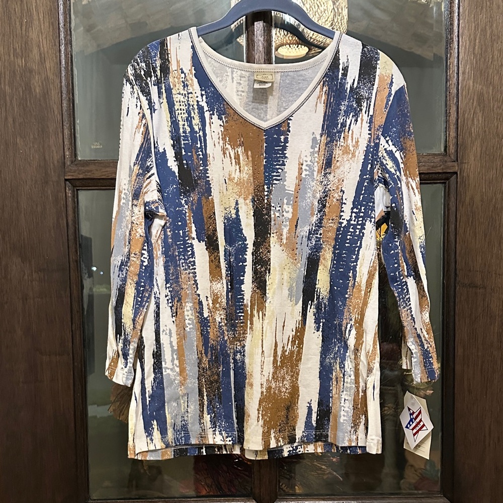Artistic Brushstroke Long Sleeve Top in Blue, Brown, and Cream